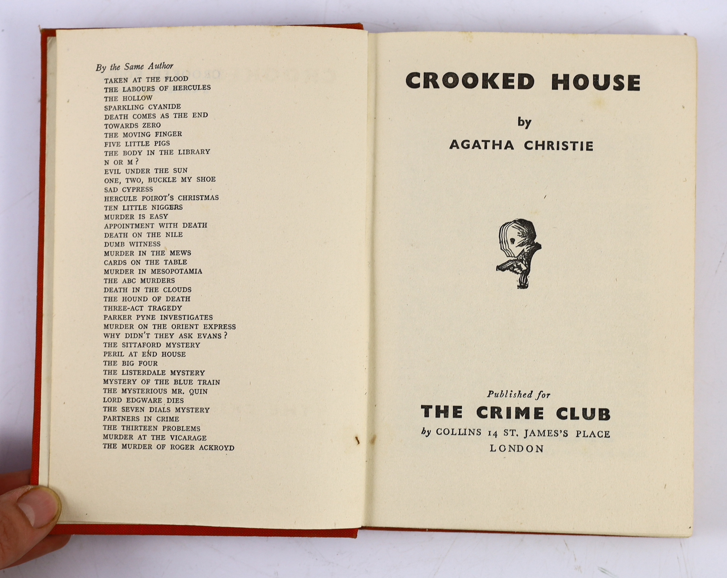 Christie, Agatha - 2 works - Cards on the Table, 1st edition, original orange cloth, spine sunned, The Crime Club for Collins, London, 1936 and Crooked House, 1st edition, original cloth, spine sunned, stain to front cov